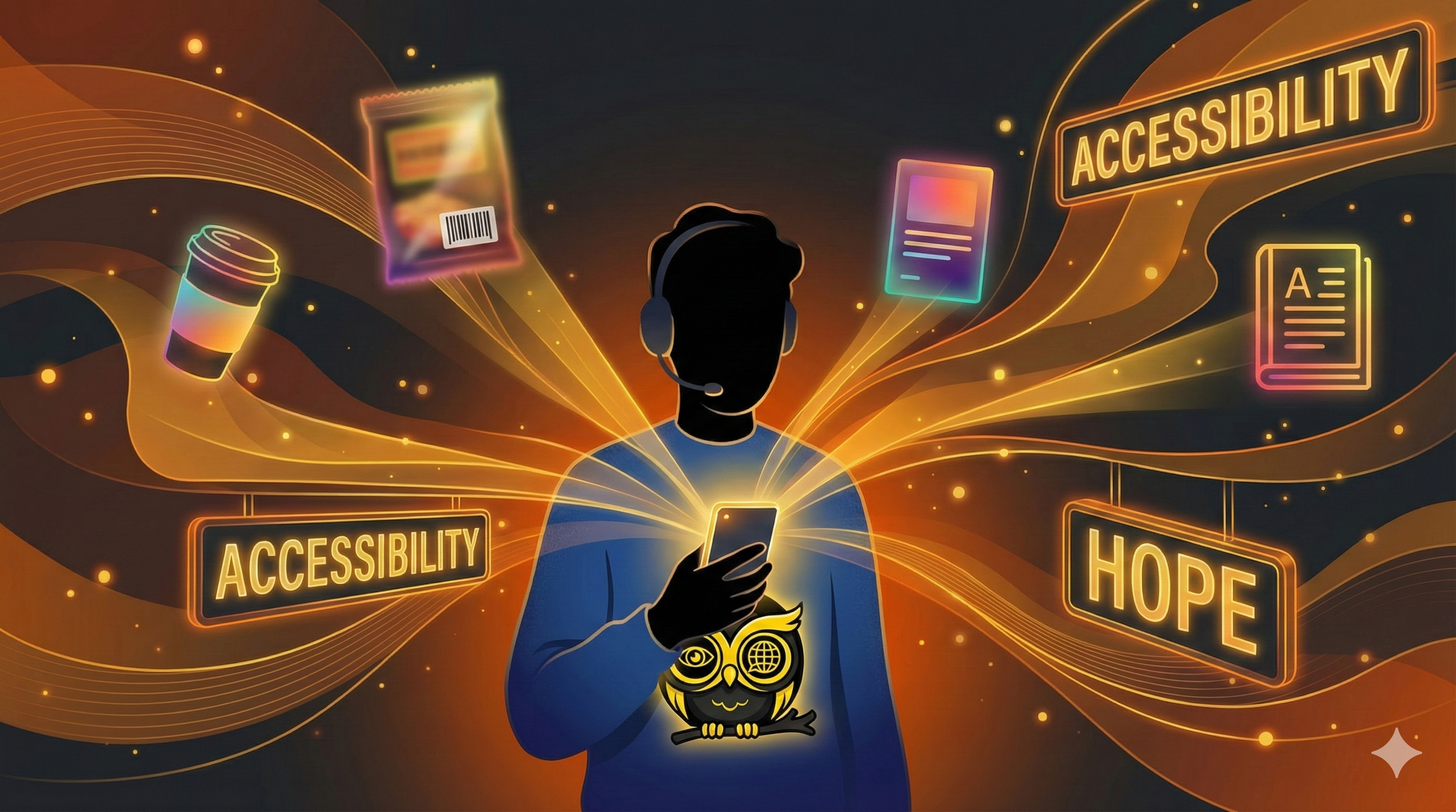 Illustration conceptuelle de ClaraVista - personne malvoyante utilisant un smartphone avec des rayons dorés révélant le monde